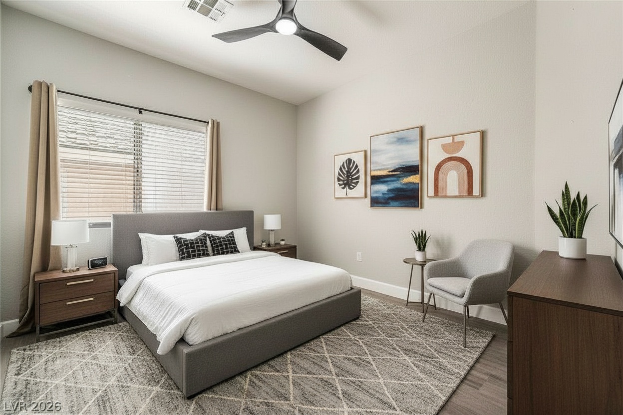 Main-level bedroom seating corner, virtually staged