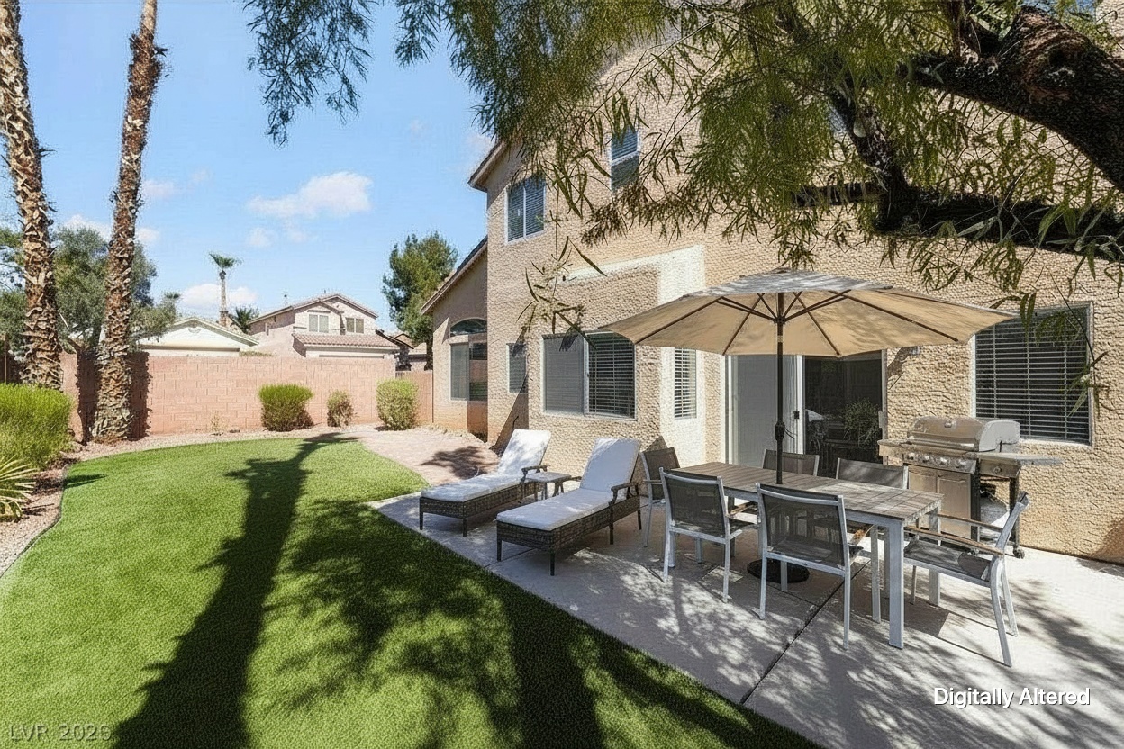 Covered patio dining and lounge, virtually staged