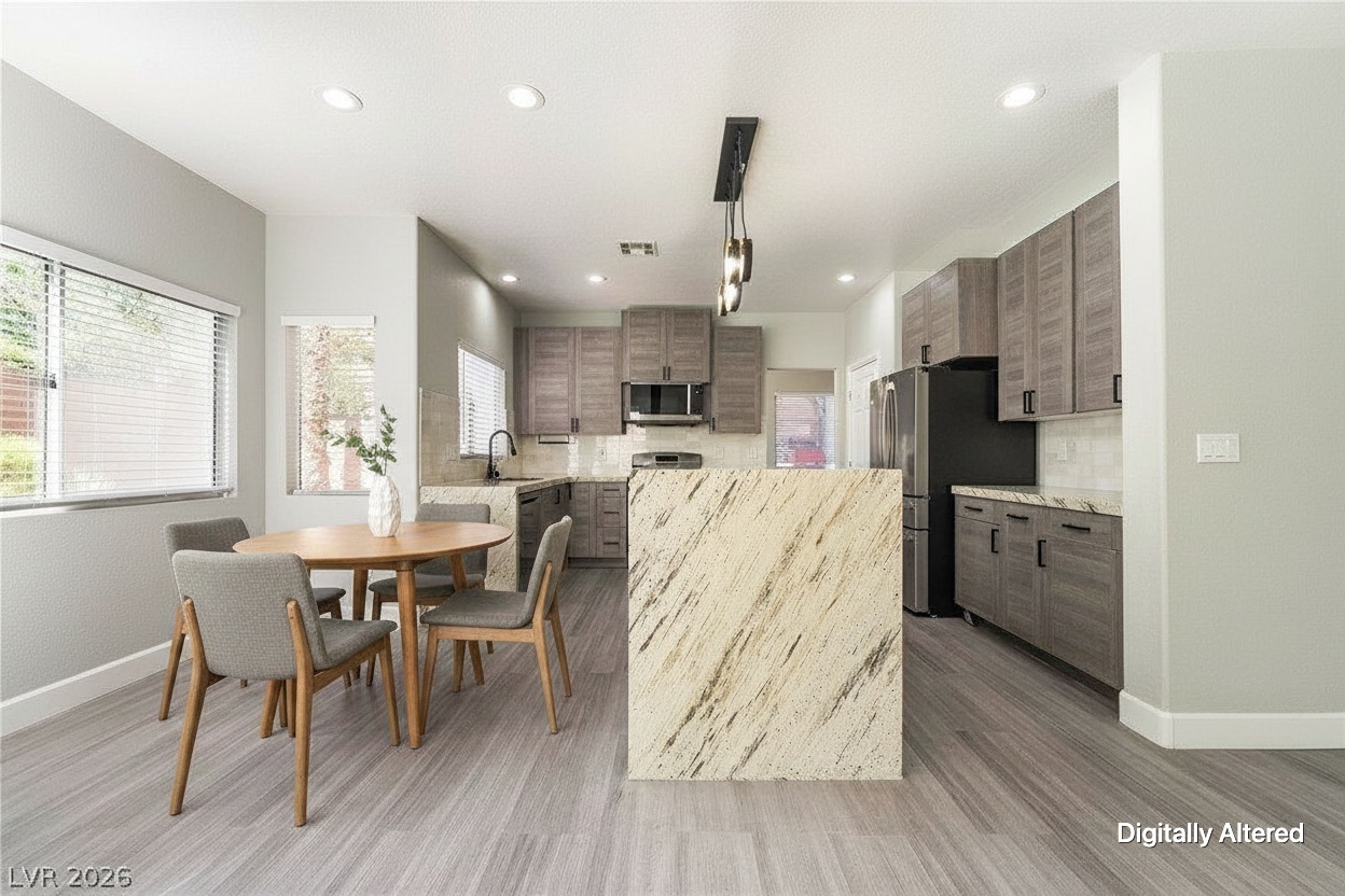Kitchen and dining area, virtually staged