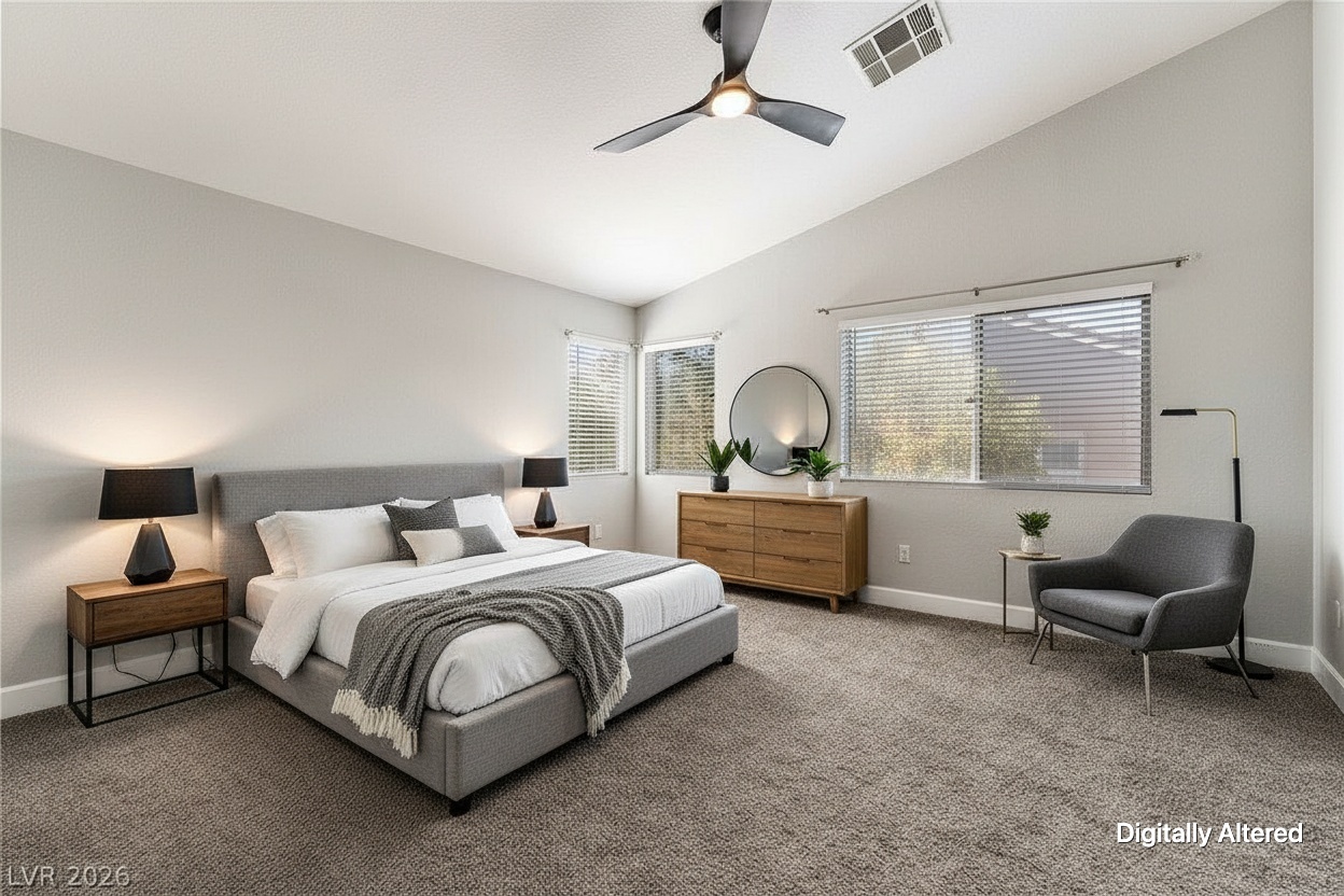 Oversized primary suite, virtually staged