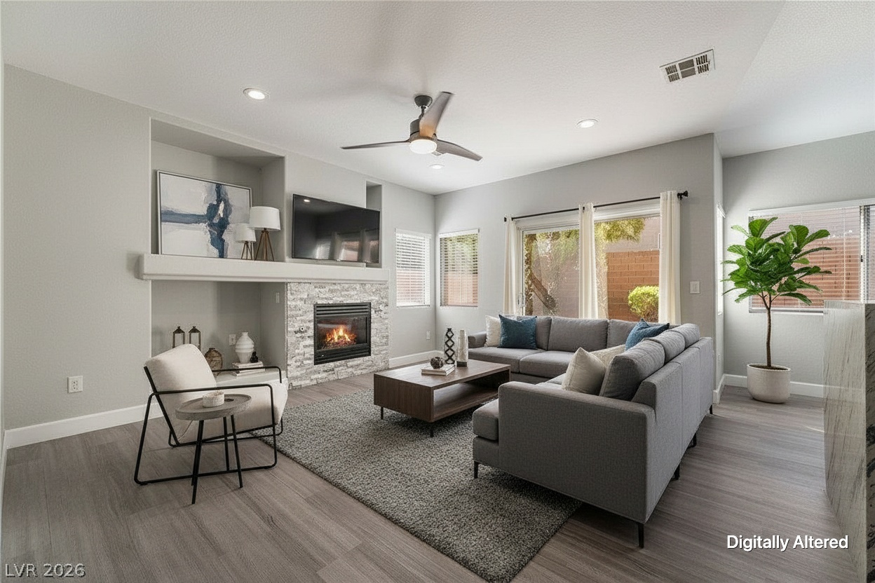 Family room with stone fireplace, virtually staged